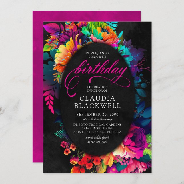 Convite Fiesta Watercolor Floral Birthday (Frente/Verso)