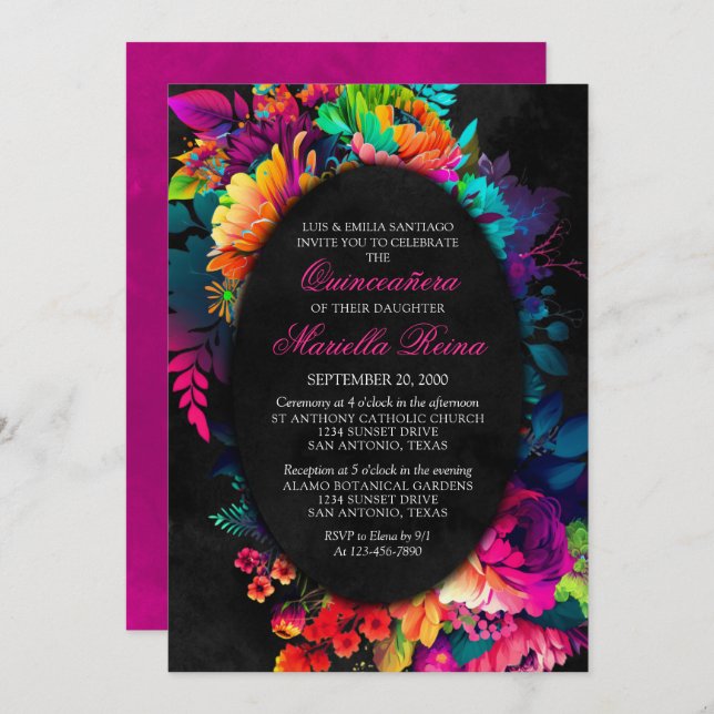 Convite Fiesta Watercolor Floral Quinceañera (Frente/Verso)