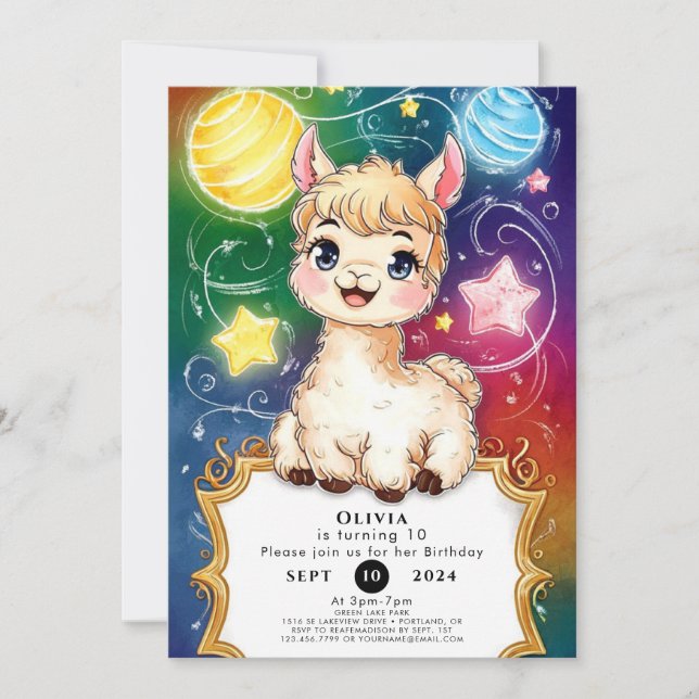 Convite Fiesta Watercolor Llama Birthday (Frente)