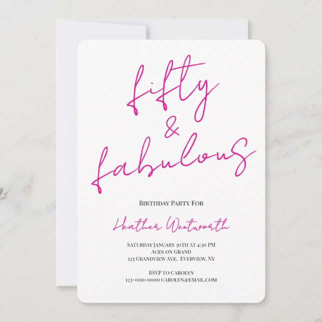 Convite Fifty and Fabulous 50th Birthday Hot Pink Script (Frente)