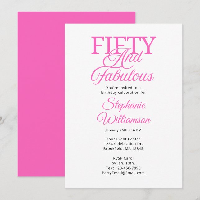 Convite Fifty and Fabulous Black and Pink Script (Frente/Verso)