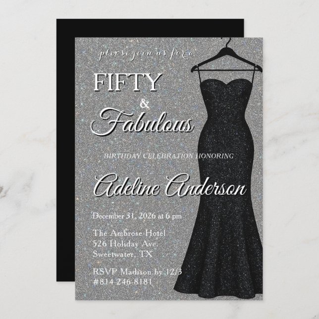 Convite Fifty and Fabulous Black and Silver 50th Birthday  (Frente/Verso)