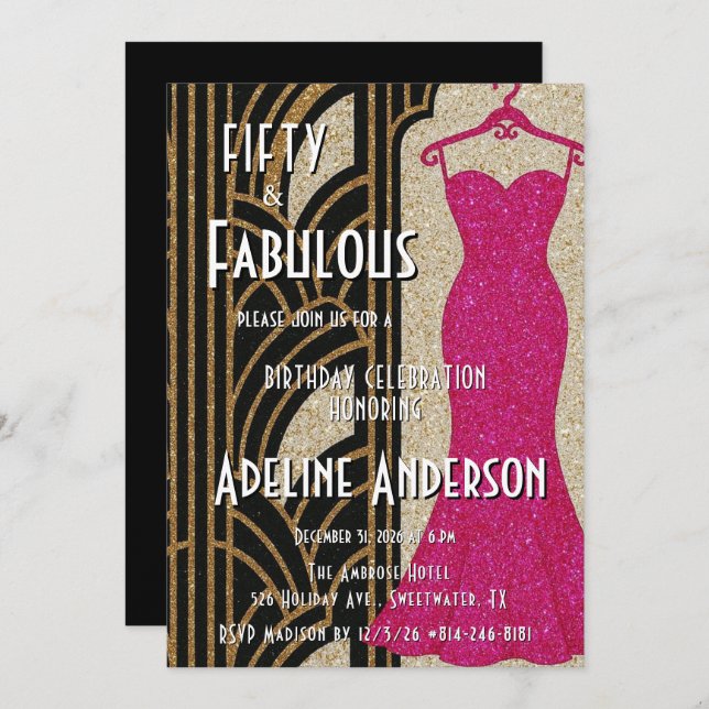 Convite Fifty and Fabulous Black Gold Pink Art Deco 50th (Frente/Verso)