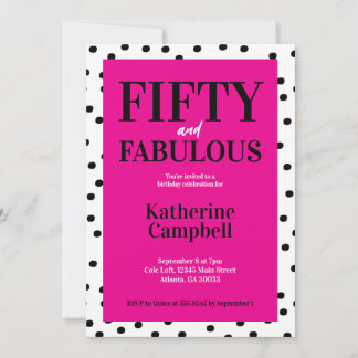 Convite Fifty and Fabulous Black Hot Pink 50th Birthday