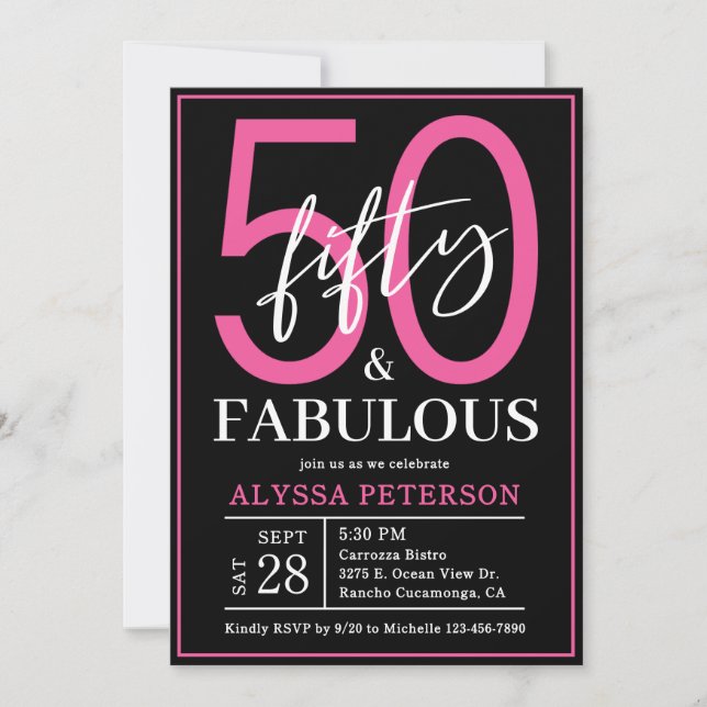 Convite Fifty and Fabulous Black Script 50th Birthday (Frente)