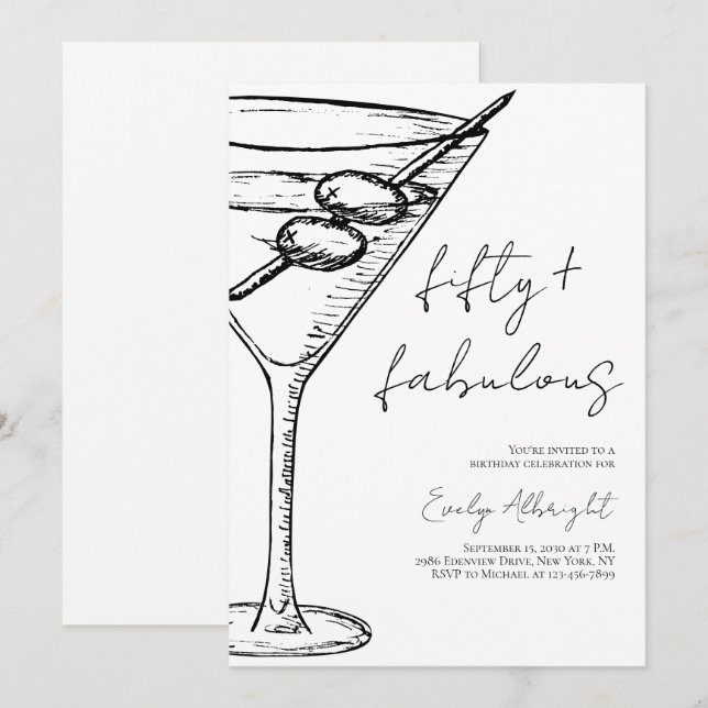 Convite Fifty and Fabulous Black Script Line Art Martini (Frente/Verso)