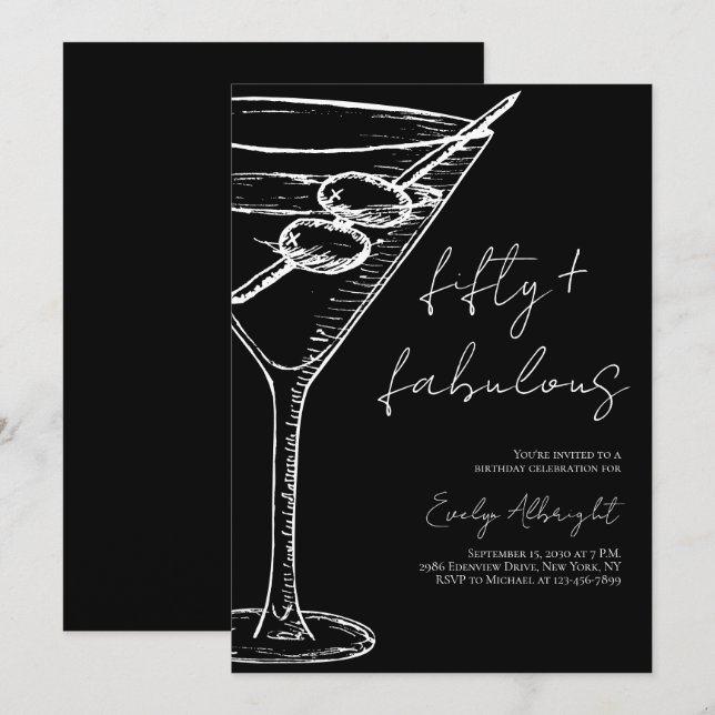Convite Fifty and Fabulous Black Script Line Art Martini (Frente/Verso)
