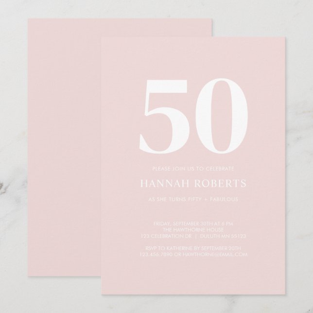 Convite Fifty and Fabulous Blush Pink 50th Birthday Party (Frente/Verso)