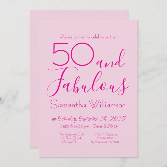 Convite Fifty and Fabulous Blush Pink 50th Birthday Party (Frente/Verso)
