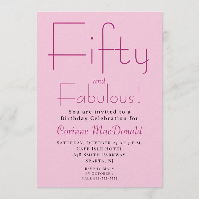 Convite Fifty and Fabulous Blush Pink 50th Birthday Party (Frente)