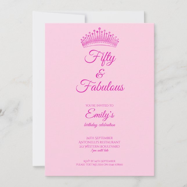 Convite Fifty and Fabulous Crown Pink Birthday (Frente)