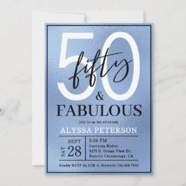 Convite Fifty and Fabulous Dusty Blue Script 50th Birthday