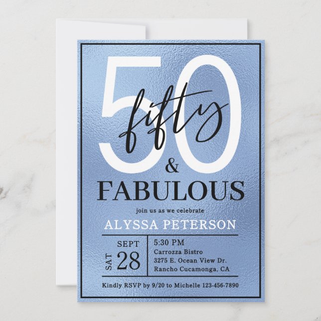 Convite Fifty and Fabulous Dusty Blue Script 50th Birthday (Frente)