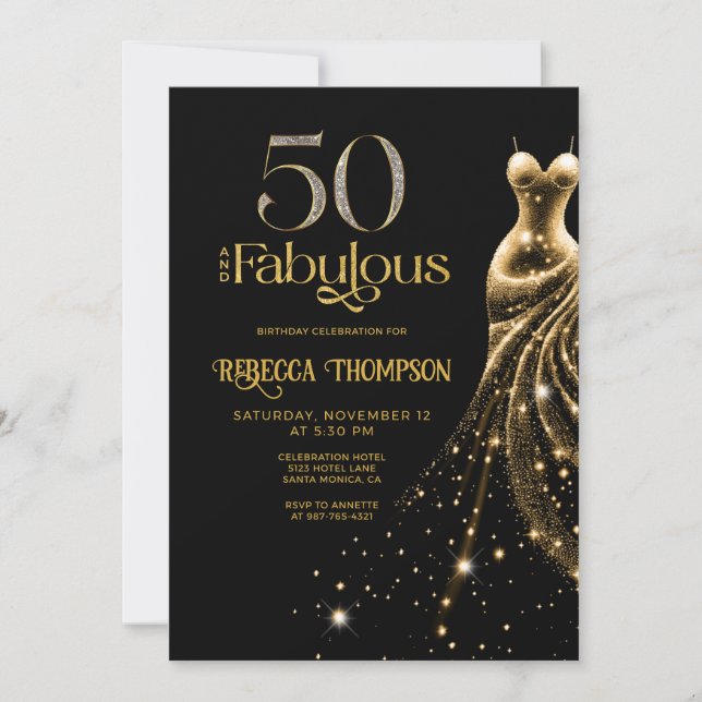 Convite Fifty and Fabulous Gold Dress Black 50th Birthday (Frente)