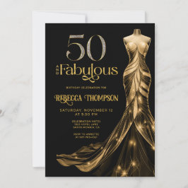 Convite Fifty and Fabulous Gold Dress Black 50th Birthday