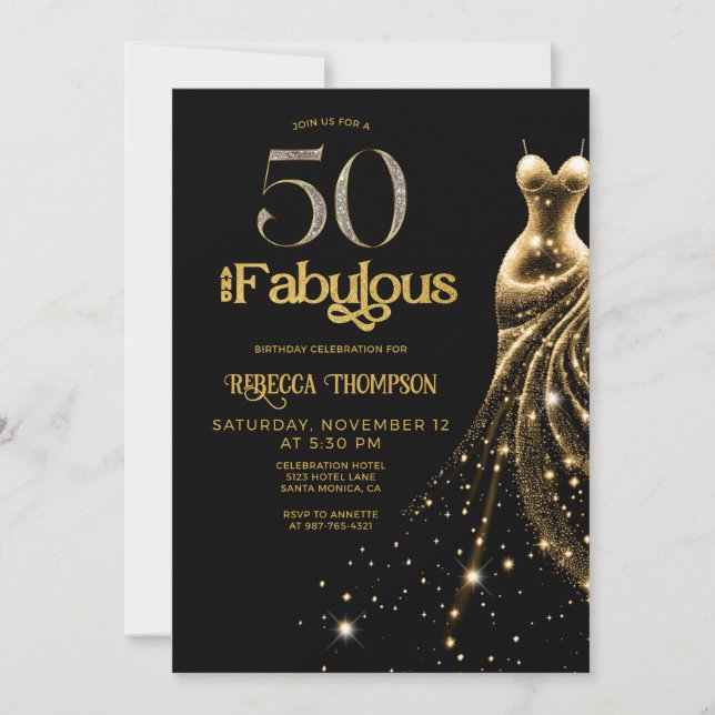 Convite Fifty and Fabulous Gold Dress Black 50th Birthday (Frente)