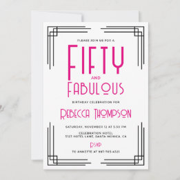Convite Fifty and Fabulous Hot Pink Art Deco 50th Birthday