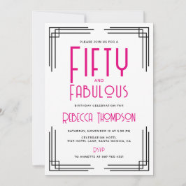 Convite Fifty and Fabulous Hot Pink Art Deco 50th Birthday