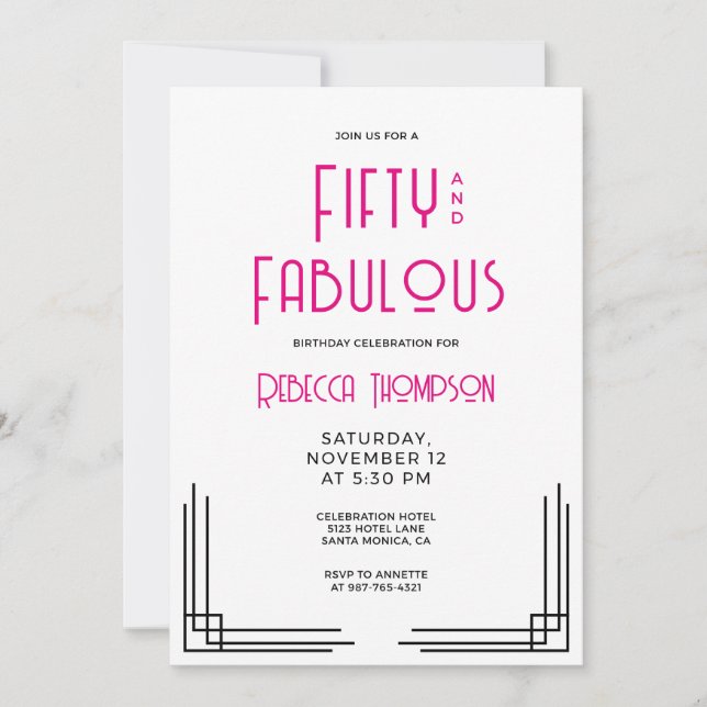 Convite Fifty and Fabulous Hot Pink Art Deco 50th Birthday (Frente)