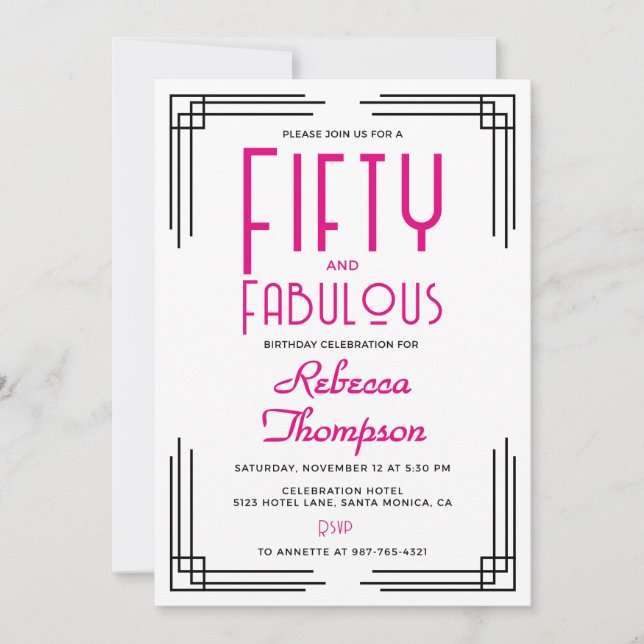 Convite Fifty and Fabulous Hot Pink Art Deco 50th Birthday (Frente)