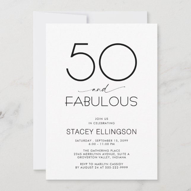 Convite Fifty and Fabulous Minimal 50th Birthday Party (Frente)