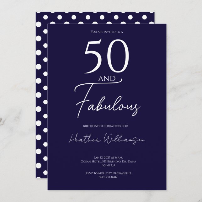 Convite Fifty and Fabulous Navy 50th Birthday Party (Frente/Verso)