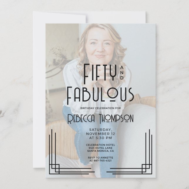 Convite Fifty and Fabulous Photo Art Deco 50th Birthday (Frente)