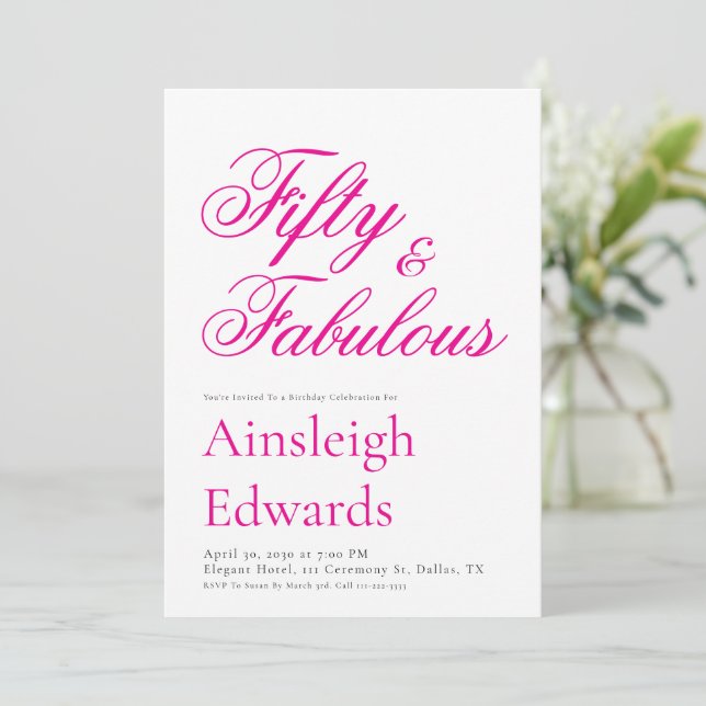 Convite Fifty and Fabulous Pink 50th Birthday Party (Em pé/Frente)