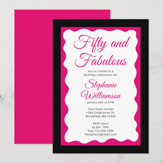 Convite Fifty and Fabulous Pink and Black Script (Frente/Verso)