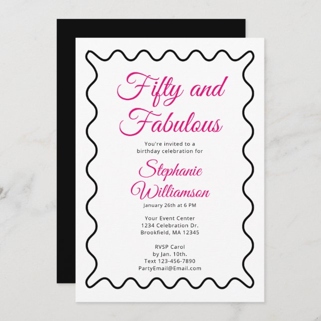 Convite Fifty and Fabulous Pink and Black Script (Frente/Verso)