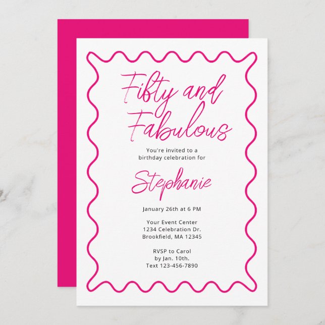 Convite Fifty and Fabulous Pink Script (Frente/Verso)
