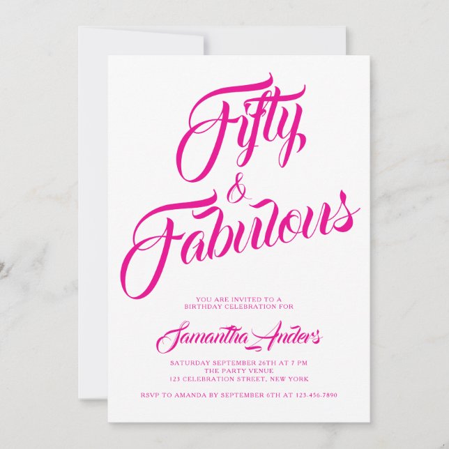Convite Fifty and Fabulous Pink Script 50th Birthday Party (Frente)