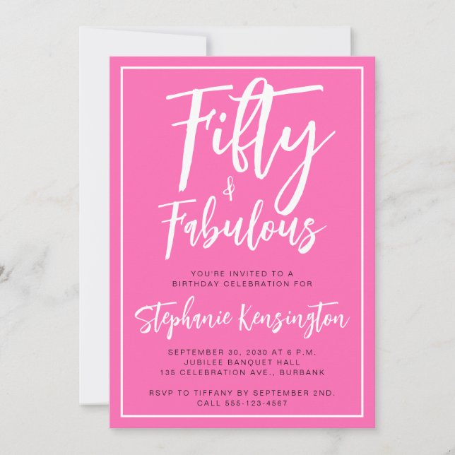Convite Fifty and Fabulous Pink Script 50th Birthday Party (Frente)