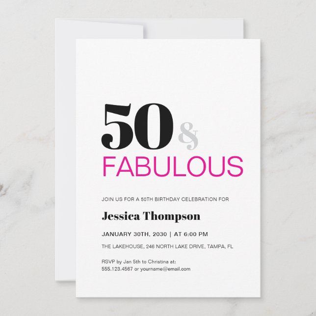 Convite Fifty and Fabulous Pink Typography 50 Birthday (Frente)