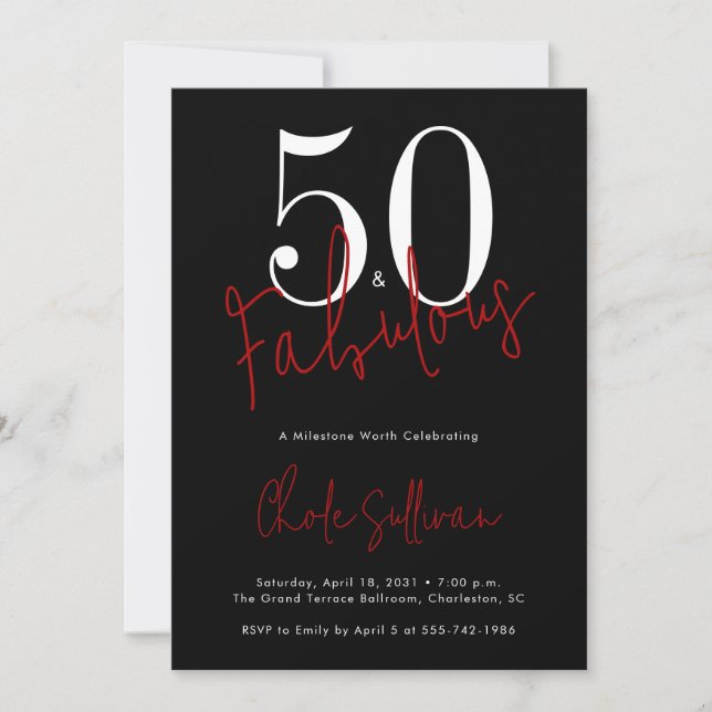 Convite Fifty and Fabulous Red Black 50th Birthday Party (Frente)