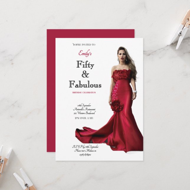 Convite Fifty and Fabulous Red Dress Script Birthday (Frente/Verso In Situ)