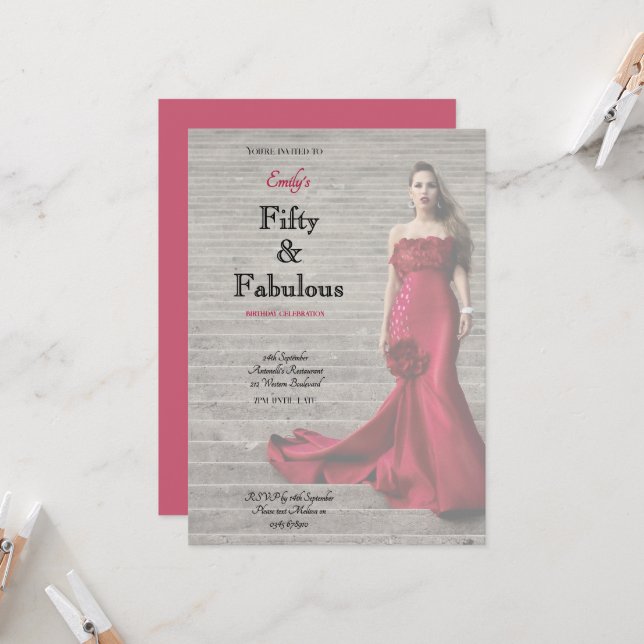Convite Fifty and Fabulous Red Dress Script Birthday (Frente/Verso In Situ)