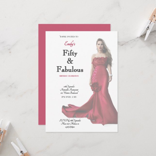 Convite Fifty and Fabulous Red Dress Script Birthday (Frente/Verso In Situ)
