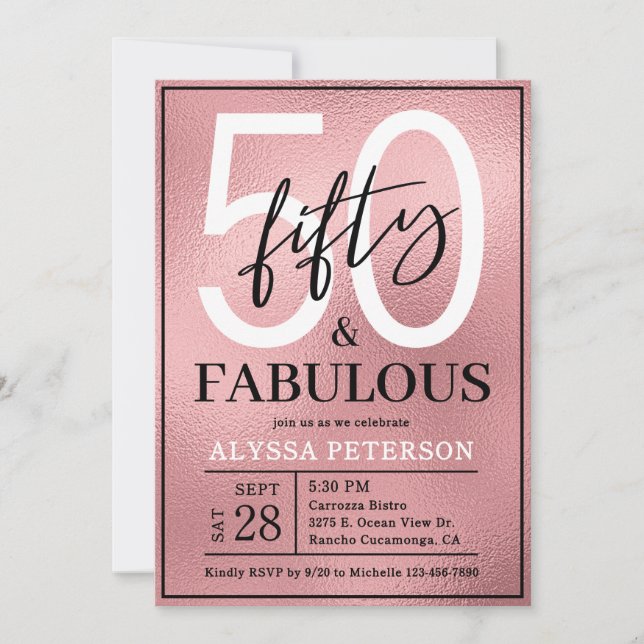 Convite Fifty and Fabulous Rose Gold Script 50th Birthday (Frente)