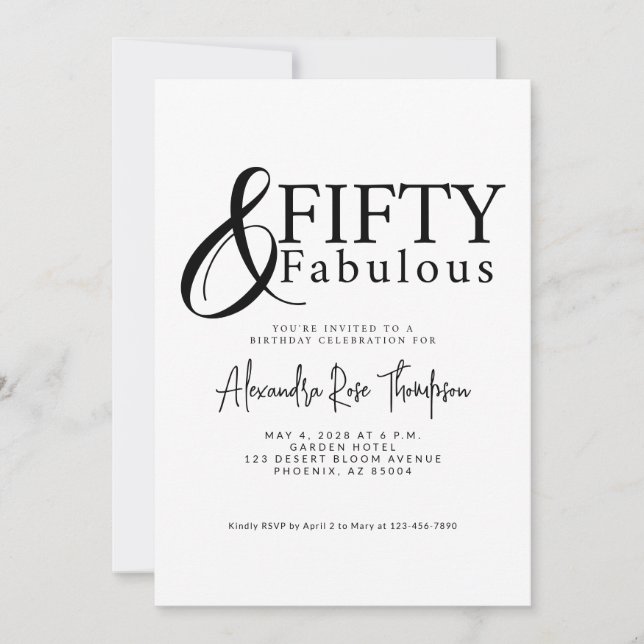 Convite Fifty and Fabulous Script 50th Birthday Party (Frente)