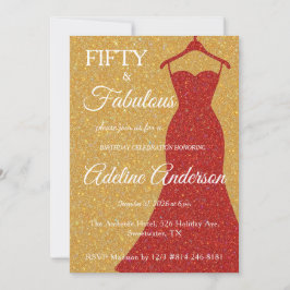 Convite Fifty and Fabulous Script Gold Red White 50th