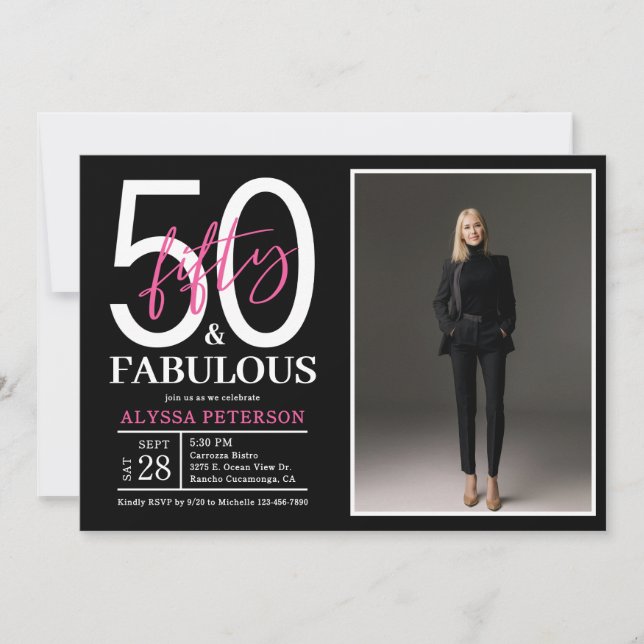 Convite Fifty and Fabulous Script Photo 50th Birthday  (Frente)
