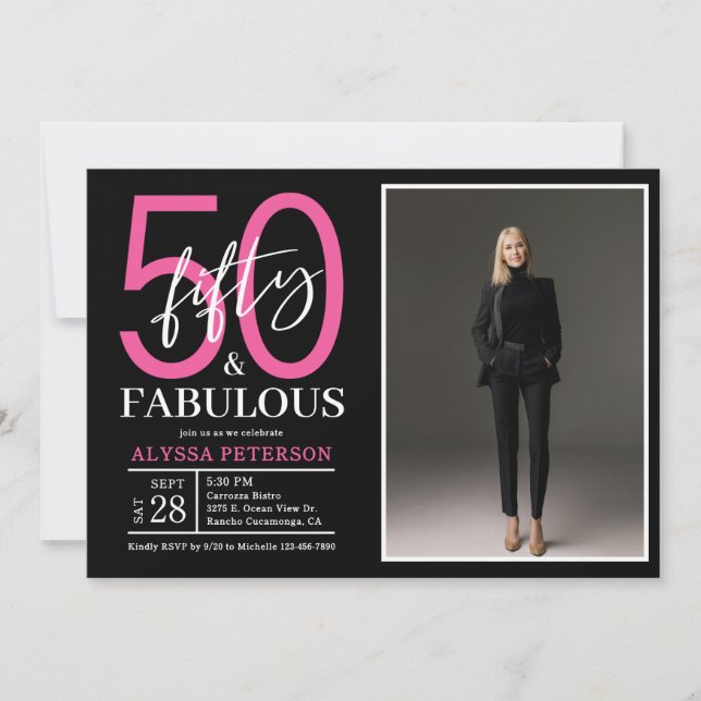 Convite Fifty and Fabulous Script Photo 50th Birthday  (Frente)
