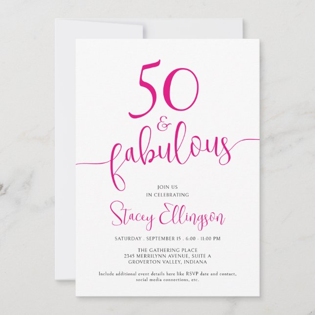 Convite Fifty and Fabulous Script Pink 50th Birthday Party (Frente)