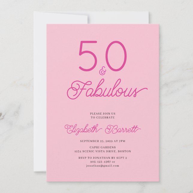 Convite Fifty and Fabulous Script Pink 50th Birthday Party (Frente)