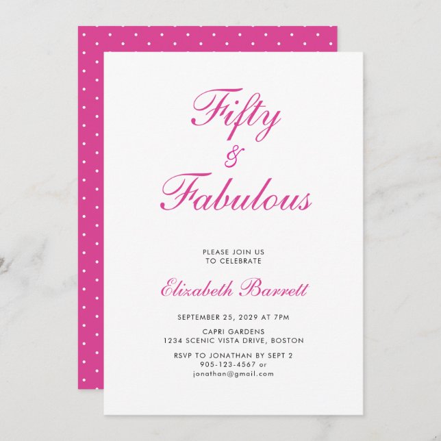 Convite Fifty and Fabulous Script Pink 50th Birthday Party (Frente/Verso)