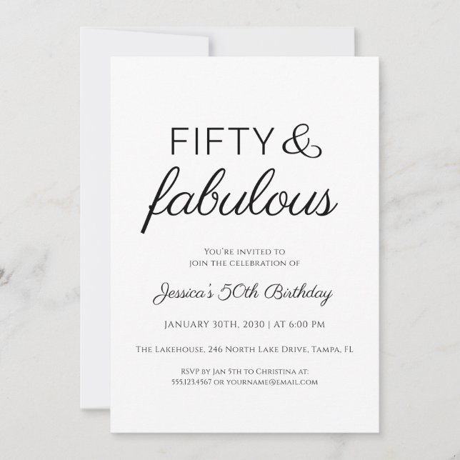 Convite Fifty and Fabulous Script Text 50th Birthday Party (Frente)