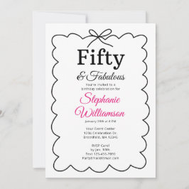 Convite Fifty and Fabulous Whimsical Black and Pink Script