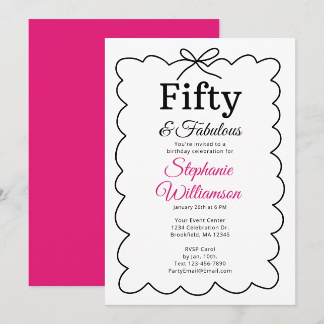 Convite Fifty and Fabulous Whimsical Black and Pink Script (Frente/Verso)