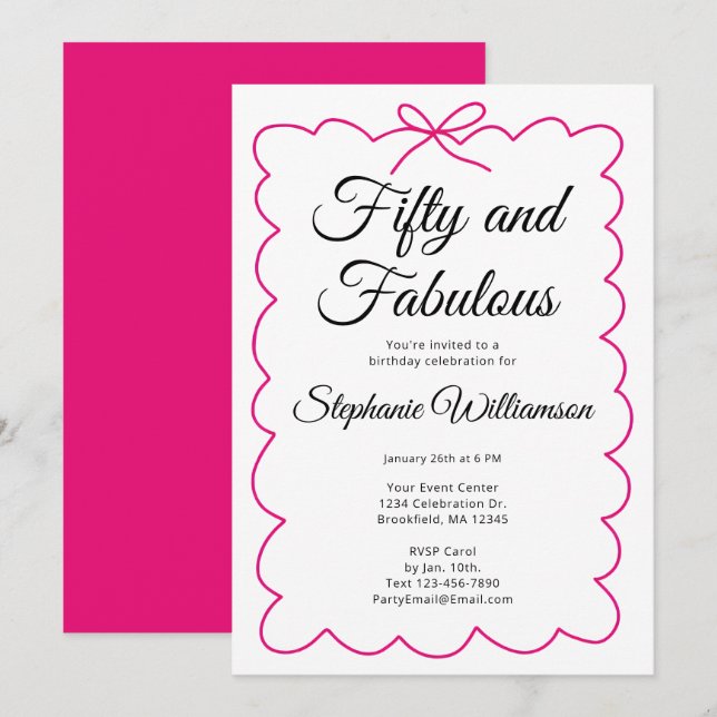 Convite Fifty and Fabulous Whimsical Pink and Black Script (Frente/Verso)